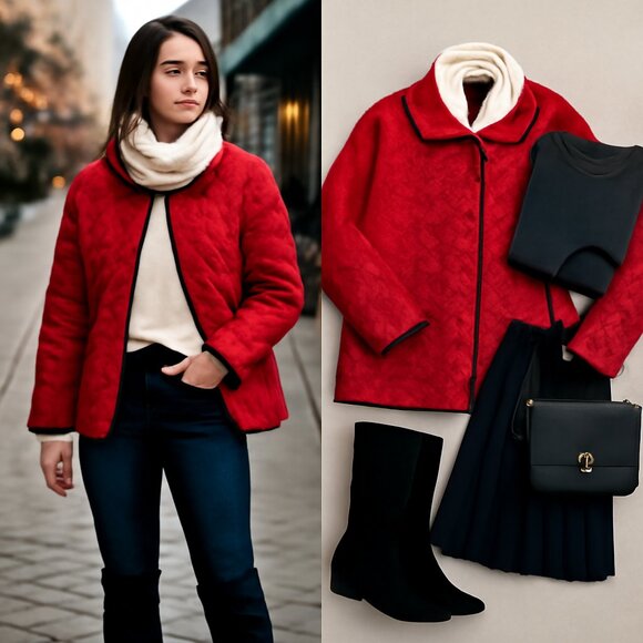 Vintage Red Quilted Jacket – Fall/Holiday Chic - Picture 2 of 8